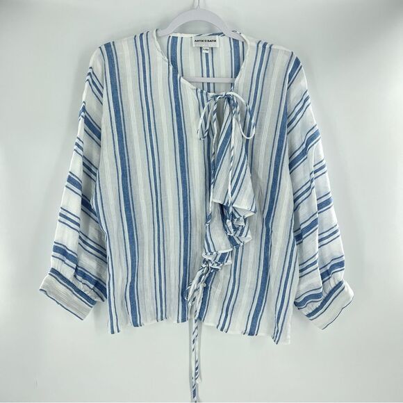 Antik Batik Serifos Ruffled Blue Striped Cotton Gauze Blouse Size L/42 - Picture 2 of 14